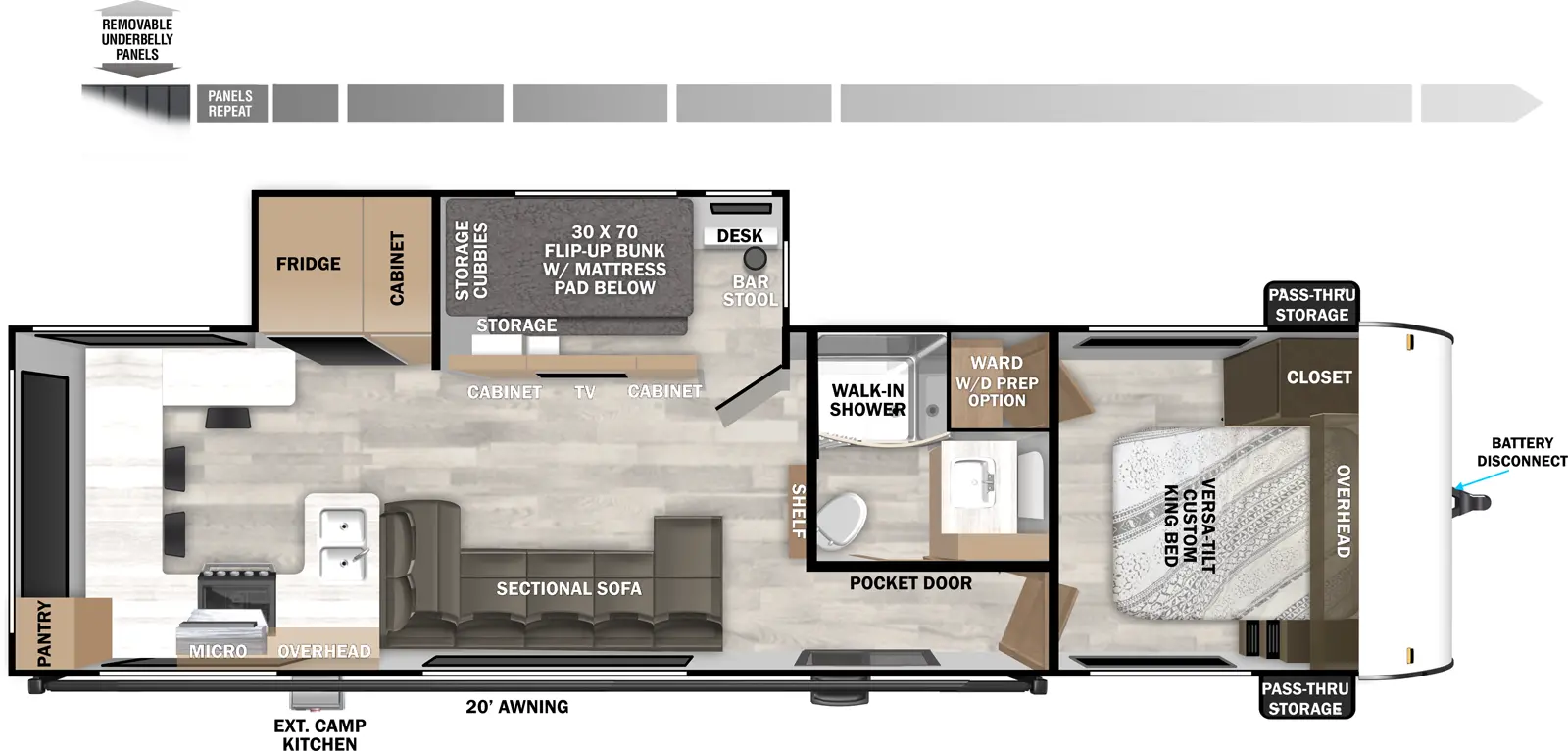 The Salem 29VIEW floorplan has one entry and one slide out. Exterior features include: fiberglass exterior, 20' awning and outside kitchen. Interiors features include: bunk beds, rear kitchen and front bedroom.